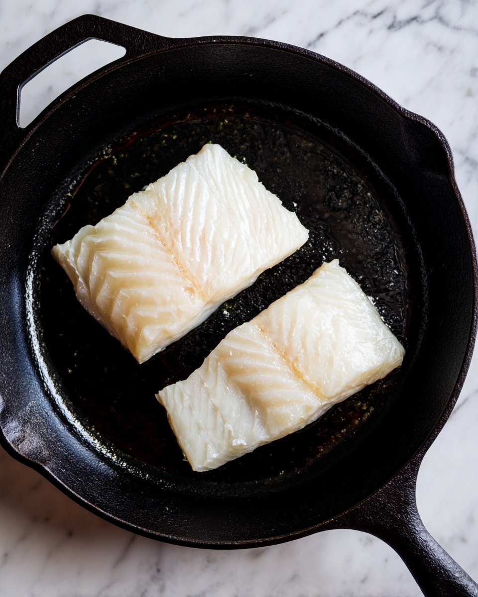 Two pieces of light-colored fish fillets are placed side by side in a black cast iron pan. Each fillet has a smooth texture with a slightly translucent white tone, showing a fresh, raw state. The pan surface is shiny with some oil, indicating it is being heated for cooking. The pan's handle extends toward the bottom center of the image. The scene is set on a white marbled textured surface beneath the pan. photo taken with an iphone --ar 4:5 --v 7