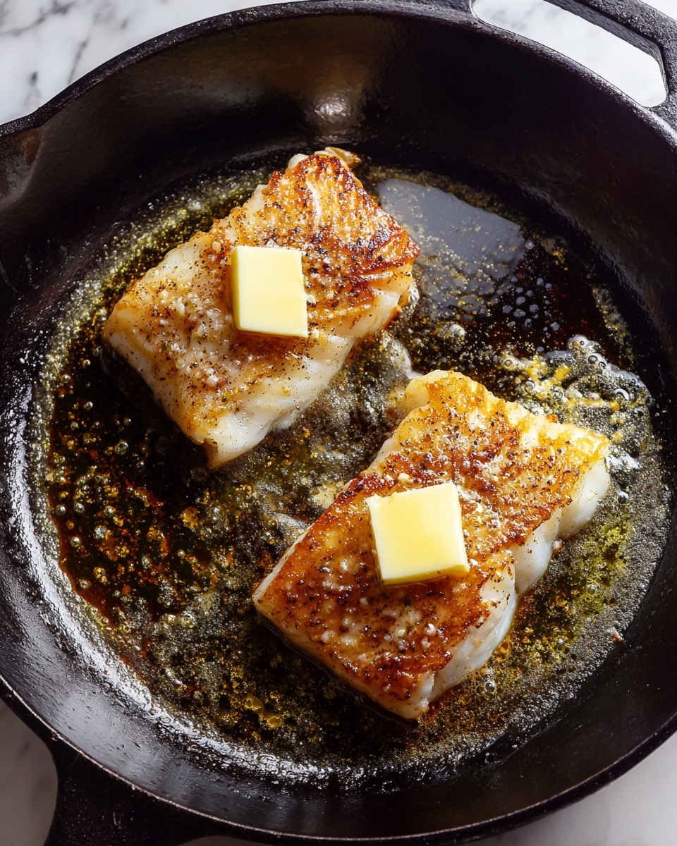Two pieces of browned fish fillets with a slightly crispy texture are shown in a black cast iron pan. Each piece has a small square of butter melting on top, adding a golden yellow contrast to the light brown and white fish. The pan shows some shine from melted butter or oil, and it is placed on a white marbled surface. Photo taken with an iphone --ar 4:5 --v 7