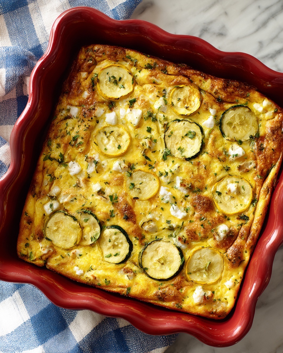 A white plate holds a layered slice of a light yellow and green frittata, showing thin strips of green vegetables and herbs throughout. The top layer is covered with a thick, creamy white sauce mixed with green herbs, and there are chunks of soft white cheese scattered both on top and around the plate. Small green herb sprigs are also placed around the slice. In the background, there is a blurred white marbled surface with a red baking dish and a clear glass of orange juice visible. photo taken with an iphone --ar 4:5 --v 7