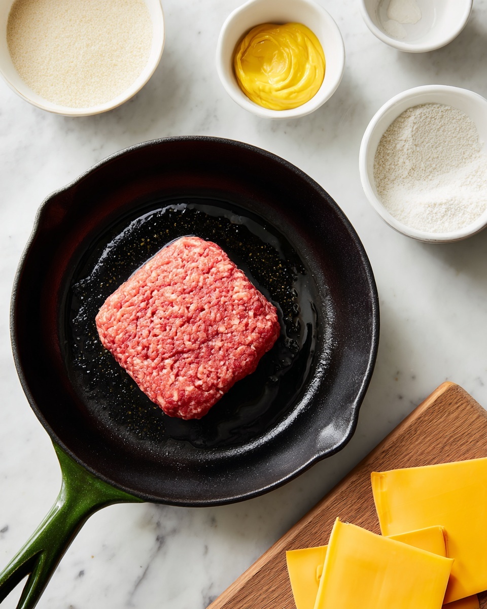 The image shows a cooked hamburger patty with a melted slice of bright orange cheddar cheese on top, resting on a single toasted light brown tortilla in a black cast iron skillet. Around the skillet, on a white marbled surface, there is a small white bowl of white powder, a small white bowl of light brown sauce with some red specks, a bottle of golden olive oil, and a wooden board with extra slices of cheddar cheese. The skillet’s handle is green with the word