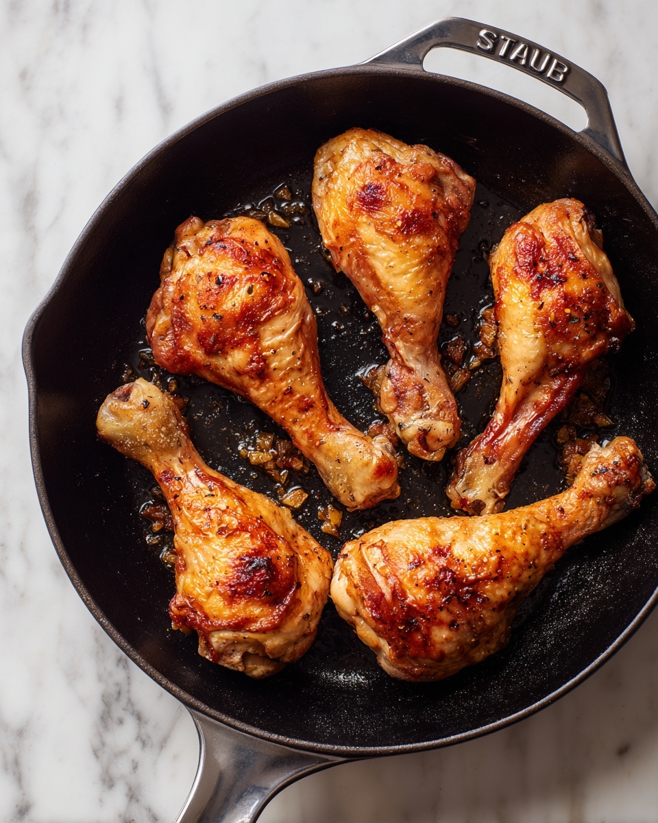 A black cast iron pan holds five cooked chicken drumsticks arranged in a circular pattern, each with a shiny, golden-brown skin showing slight caramelized spots. The drumsticks vary slightly in size but all have a glistening texture with small bits of caramelized garlic or seasoning visible in the pan's center. The pan is set on a white marbled surface, and the metal handles of the pan have the word