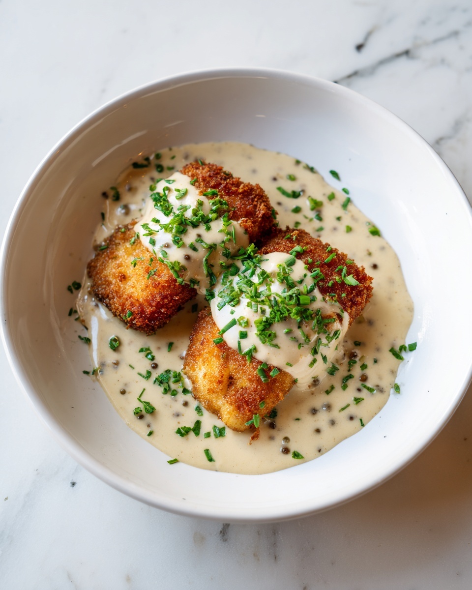 A white pan filled with two pieces of golden brown crispy fried food partially covered by a thick, creamy light beige sauce. The sauce has a smooth texture with small visible specks and is spread evenly around and on top of the pieces. Bright green chopped herbs are sprinkled over the dish, adding color contrast. The pan is placed on a white marbled surface. photo taken with an iphone --ar 4:5 --v 7