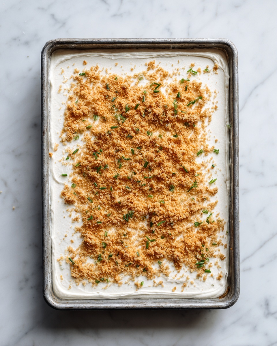 The image shows a baking tray with a thick, smooth layer of white cream spread evenly on the bottom. On top of the cream, there is a sprinkle of golden-brown crunchy bits that cover most of the surface, with small green herb pieces scattered throughout for color contrast. The baking tray and the cream layer have neat edges, and the whole scene is set on a white marbled texture. photo taken with an iphone --ar 4:5 --v 7
