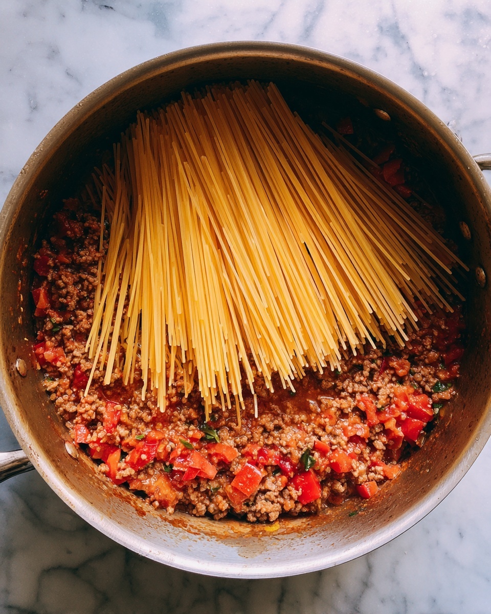 A white bowl filled with about three layers of cooked egg noodles mixed with chunks of brown cooked ground meat and small bits of red tomato sauce, all sprinkled with green herbs on top, sitting on a white marbled surface with scattered uncooked yellow noodles around. The background shows blurry salt and pepper shakers, a jar of tomato sauce, and a slow cooker, creating a cozy kitchen feel. Photo taken with an iphone --ar 4:5 --v 7