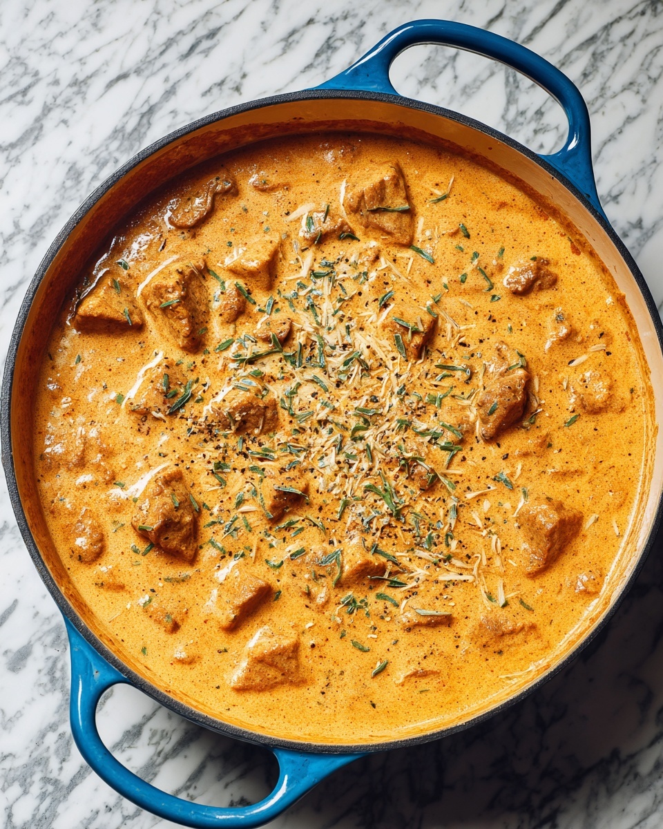 A close-up image shows a white pot with light brown browned bits lining the sides, filled with a layer of sautéed golden garlic pieces and herbs at the bottom. A bright red, smooth tomato sauce is being poured in a thick stream from a glass container into the center of the pot, covering the garlic. The background shows a black stovetop and a blue bottle, all set on a white marbled surface photo taken with an iphone --ar 4:5 --v 7