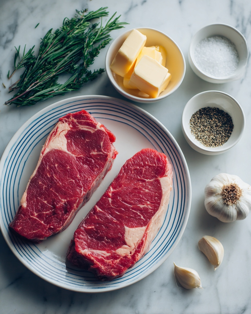 Two raw red steaks with white fat edges lie side by side on a white plate with blue stripes around the edge. Around the plate on a white marbled surface, there are four small bowls: one with two small blocks of pale yellow butter, one with coarse white salt, and one with ground black pepper. Fresh green rosemary and two whole garlic cloves are placed next to the plate. The lighting is soft and natural, showing the fresh texture of the meat, butter, and herbs clearly. Photo taken with an iphone --ar 4:5 --v 7