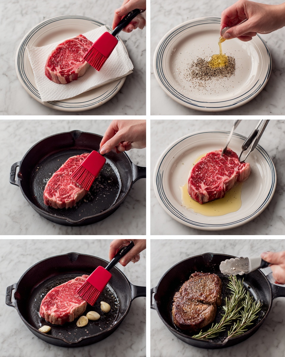 The image shows six steps to cook two thick red raw steaks with white marbling on a white plate with blue rings, first being patted dry by a woman's hand with a white paper towel, then seasoned evenly with coarse black pepper and salt. The next layer is a black cast iron pan with oil being brushed by a red silicone brush, followed by the steaks placed flat in the pan with a black spatula lifting one side. The fifth step shows the steaks being held with black tongs, and the final step reveals the browned steaks in the pan with garlic cloves and rosemary, a metal spoon pouring oil over the meat. The background surface is white with a marbled texture, photo taken with an iphone --ar 4:5 --v 7