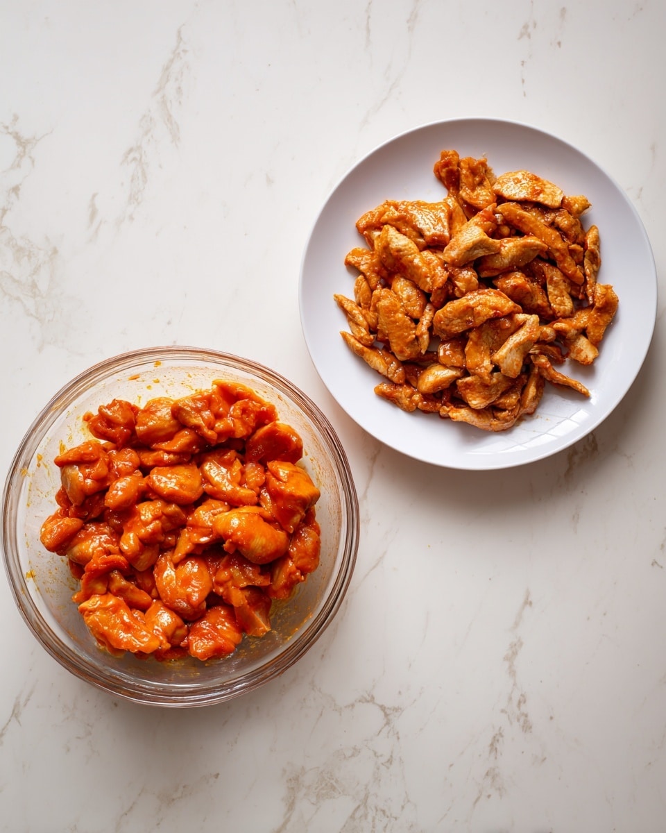 The image shows two parts: on the left, a clear glass bowl filled with raw chicken pieces covered in orange-red sauce, the sauce looks thick and shiny, coating each chicken piece closely; on the right, a white plate holding cooked chicken strips that are brownish-orange with a slightly crispy and textured surface, scattered casually across the plate. Both parts are placed on a white marbled background. photo taken with an iphone --ar 4:5 --v 7