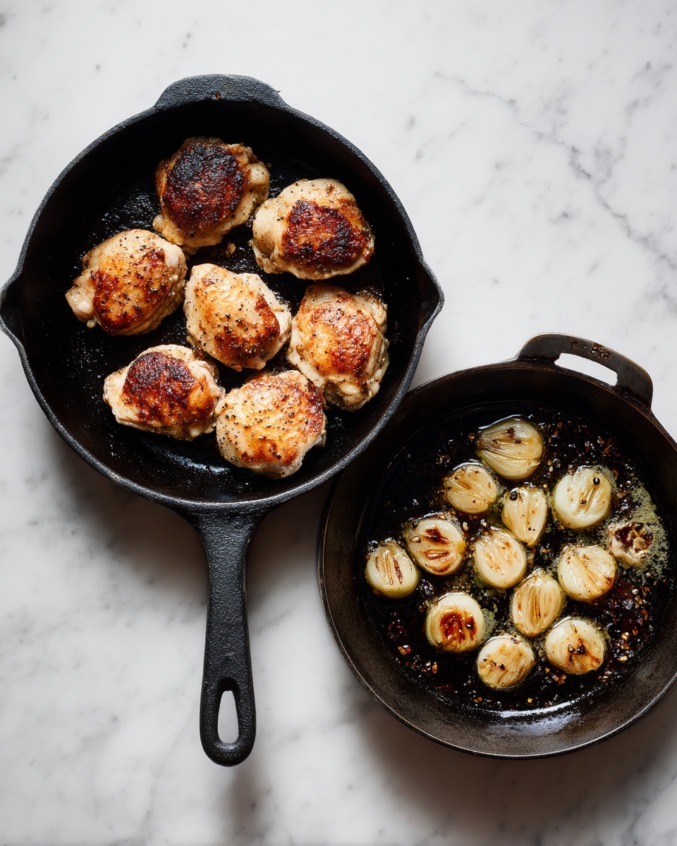 The image shows two cast iron pans on a white marbled surface. The left pan contains four cooked chicken pieces arranged close to each other, each with a golden brown, slightly crispy texture on top. The right pan contains several light golden roasted garlic cloves spread evenly, surrounded by small pools of oil and dark browned bits on the bottom. Both pans have black surfaces with a handle visible positioned to the left. Photo taken with an iphone --ar 4:5 --v 7