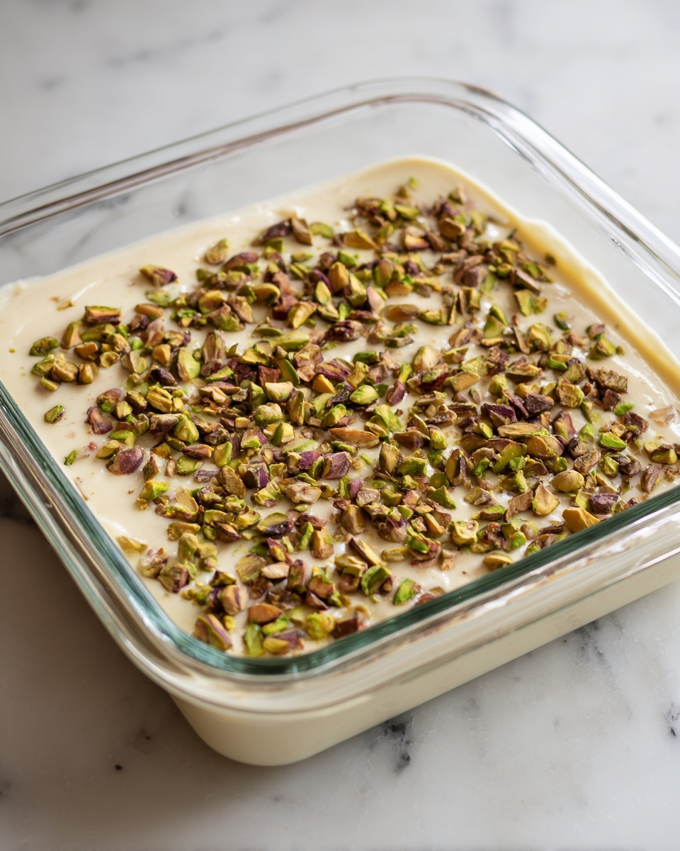 A clear square glass baking dish filled with a single layer of light beige creamy mixture, evenly spread to cover the bottom and sides. On top, there is a generous, scattered layer of chopped pistachios in various shades of green and brown, adding rough texture and color contrast. The dish sits on a white marbled surface, showing a clean and bright kitchen setting. photo taken with an iphone --ar 4:5 --v 7