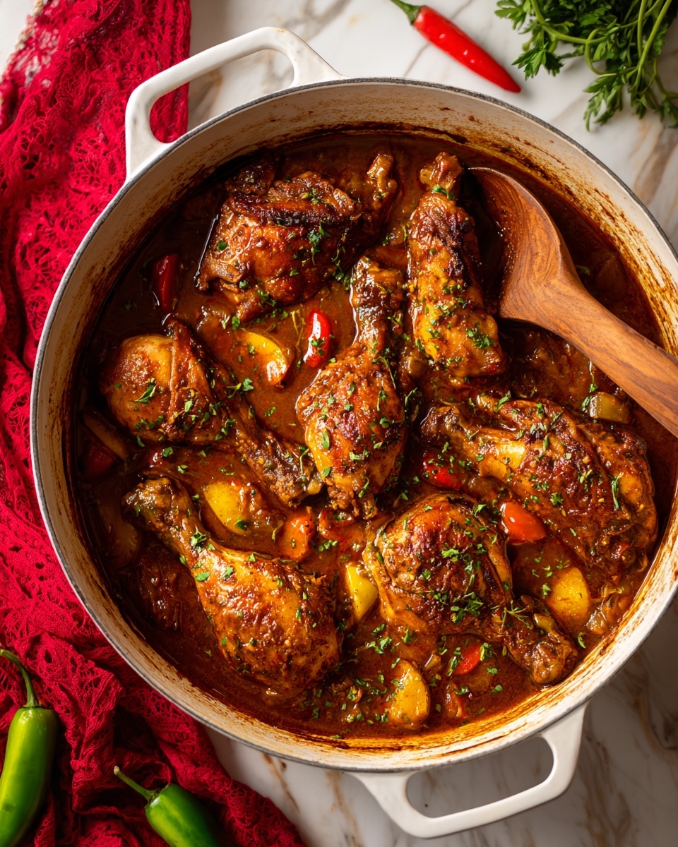 A round white pot filled with a rich brown stew shows multiple large chicken drumsticks and thighs covered in thick, herb-speckled sauce. The stew has chunky yellow and orange vegetables scattered throughout, along with red pepper pieces adding contrast. The white pot has two handles, and a brown wooden spoon rests on the right side inside the pot. Around the pot, there is a white marbled wooden surface, a red cloth near the bottom right, some green herbs, and small whole green and red peppers adding a fresh touch. Photo taken with an iphone --ar 4:5 --v 7