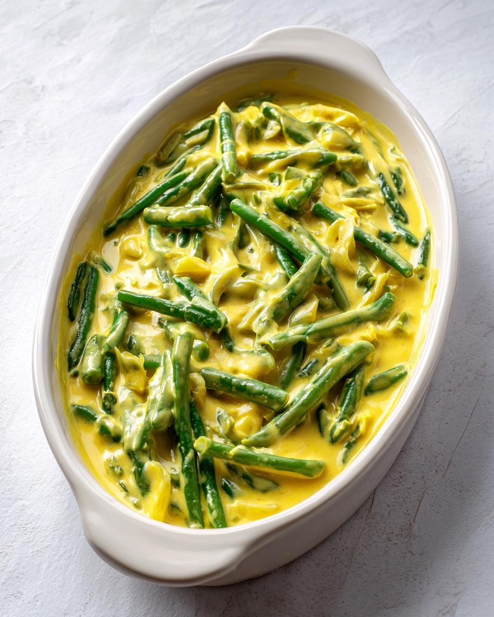 An oval white baking dish filled with a creamy yellow sauce mixed with green beans. The sauce is smooth with a slightly thick texture and is evenly spread over the green beans, which are cut into medium-length pieces and scattered throughout. The dish sits on a white marbled surface, and the green beans add a fresh, vibrant green contrast to the soft yellow sauce. Photo taken with an iphone --ar 4:5 --v 7