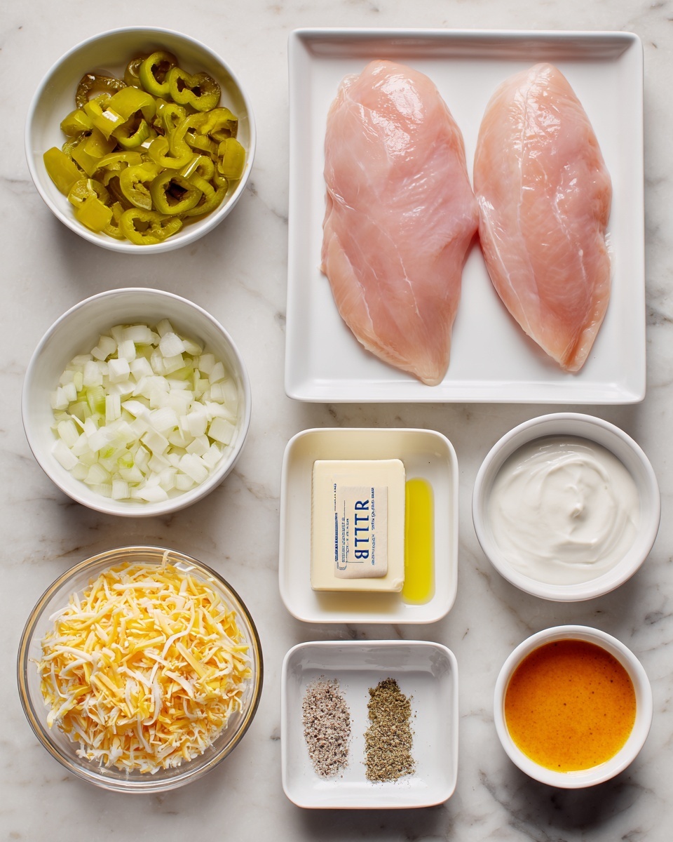 A white plate is shown with two main layers: the bottom layer is fluffy, white rice with a soft texture, and the top layer consists of light golden cooked chicken pieces scattered with slices of bright yellow-green peppers. The chicken has a slightly browned, tender look, and the peppers add a fresh, slightly glossy contrast. The plate rests on a white marbled surface with a green and white striped cloth nearby. Photo taken with an iphone --ar 4:5 --v 7