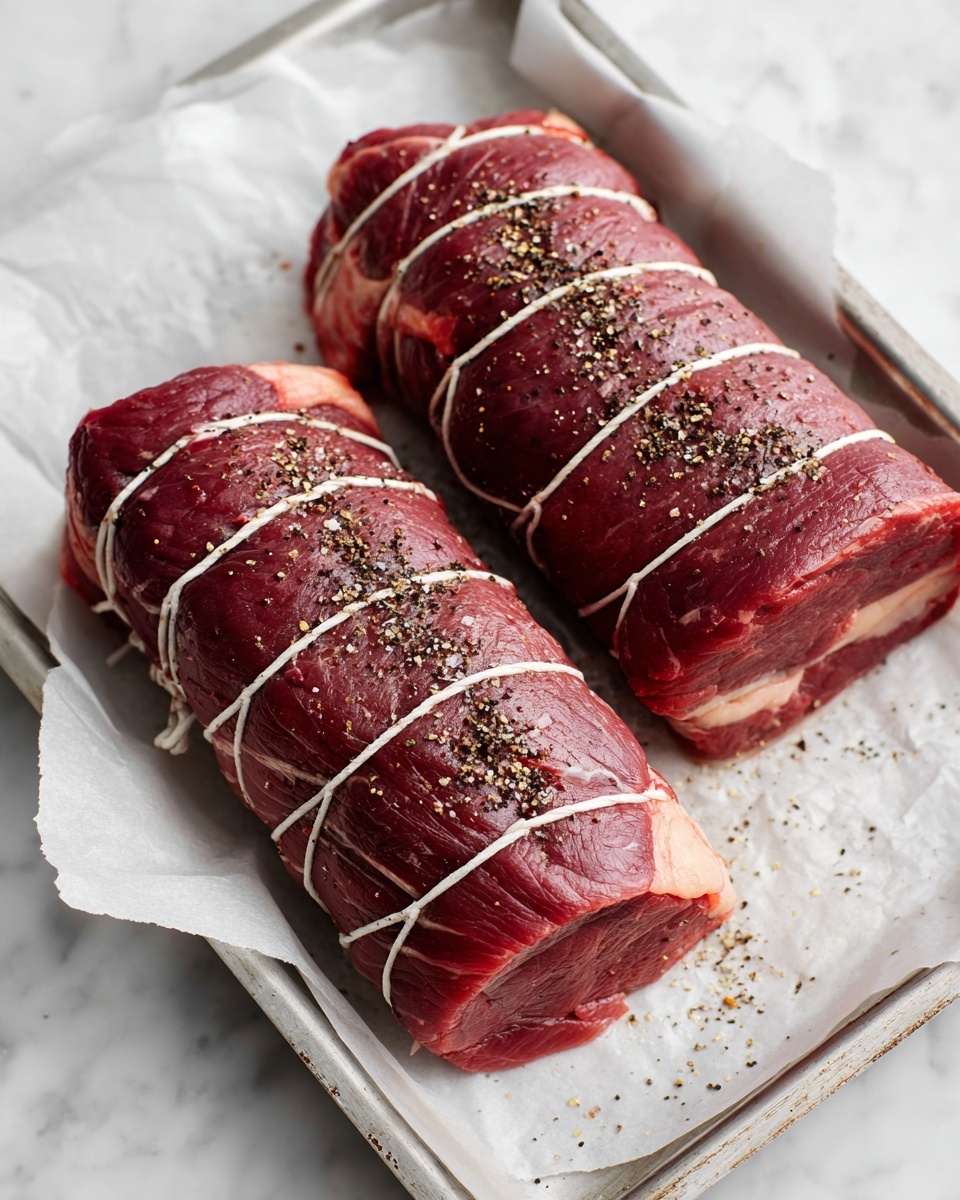A white plate on a white marbled surface holds a meal with three main parts. On the right, there is a tied roast with a dark brown crust sprinkled with little pieces of garlic and herbs. On the left, several slices of medium-rare red meat with a dark brown seared edge are fanned out, placed on top of fresh green rosemary sprigs. Between the roast and the sliced meat, there is a small white bowl filled with creamy, pale sauce with green and black specks. Below the sauce bowl and sliced meat, a bunch of shiny, cooked green beans forms the third part of the dish. photo taken with an iphone --ar 4:5 --v 7