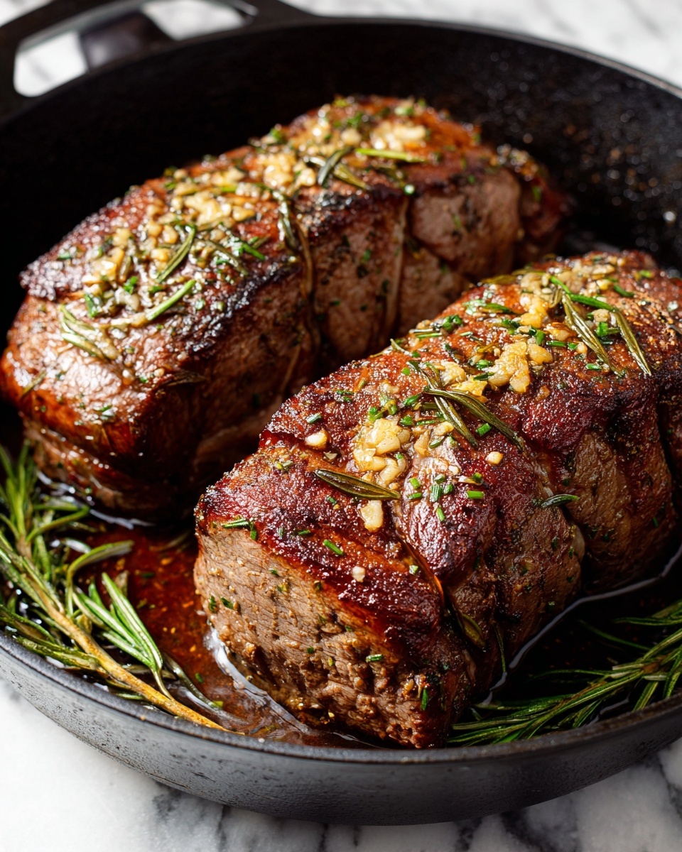 Two raw beef roasts are tied with white kitchen string in several places, holding their cylindrical shape. The meat is deep red with a few lighter marbled fat lines, and it is sprinkled with coarse black pepper. The roasts lie side by side on white parchment paper on a rimmed metal tray, all set on a white marbled surface. The photo taken with an iphone --ar 4:5 --v 7