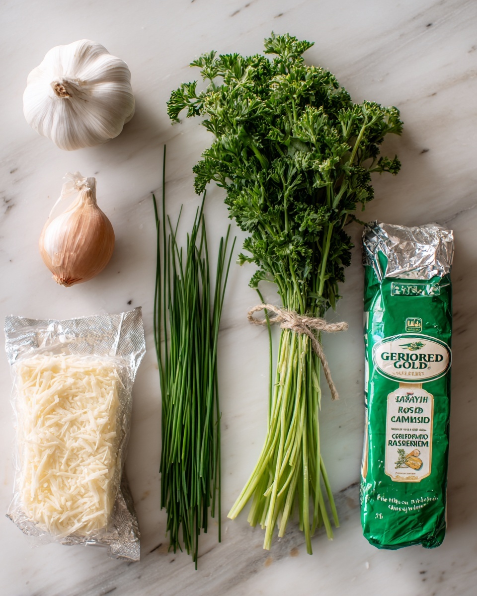 The image shows six cooking ingredients arranged side by side on a white marbled wooden surface. From left to right, there is a bulb of garlic with white papery skin, a small smooth shallot with light purple skin, a bunch of thin bright green chives with long stalks, a big bunch of curly parsley with rich green leaves tied together at the bottom, a silver package of Kerrygold pure Irish butter, and a tall green plastic container of Kraft grated Parmesan cheese. The items are evenly spaced in a neat line with a natural light shining from above photo taken with an iphone --ar 4:5 --v 7