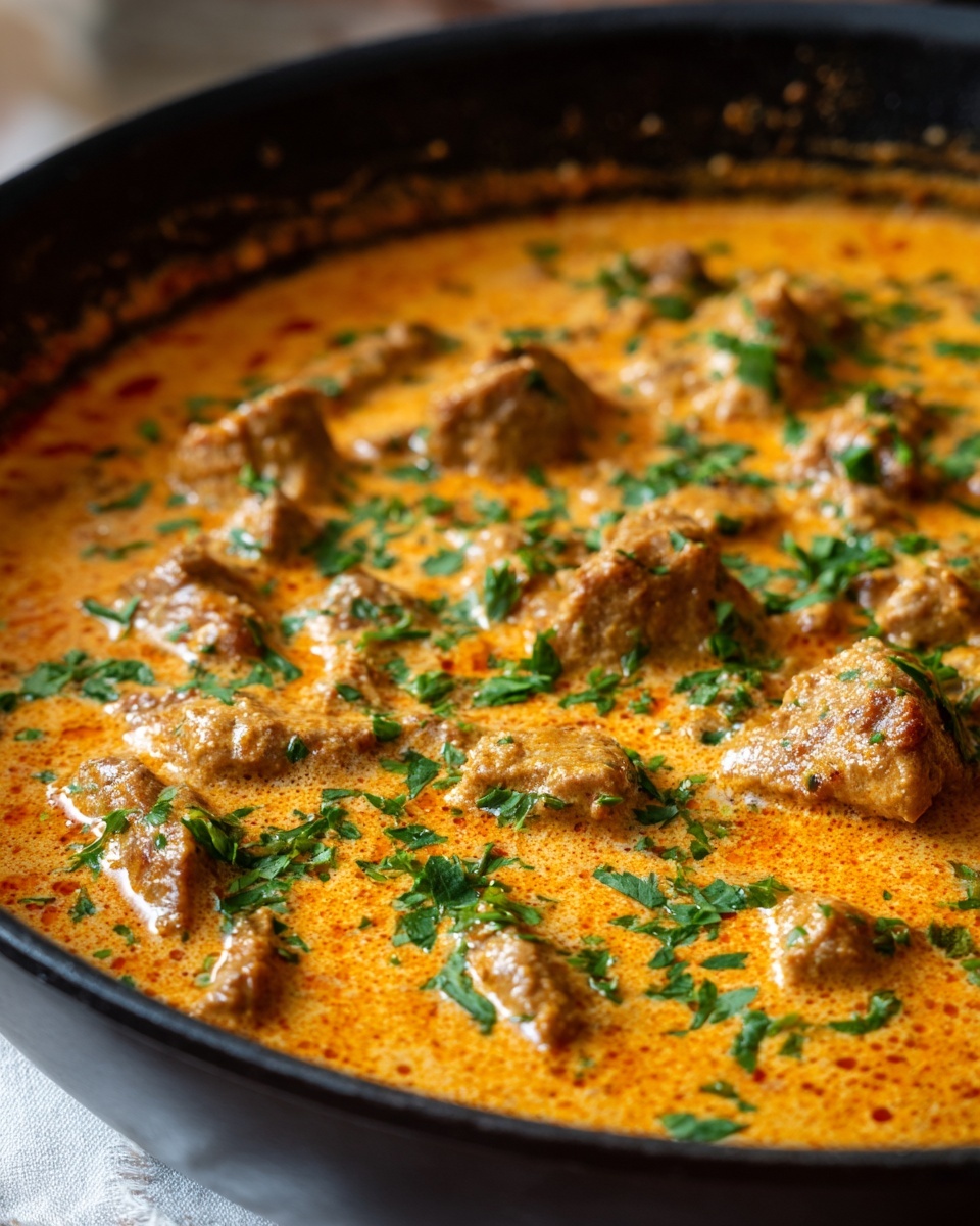The image shows a close-up view of a thick, creamy orange sauce with chunks of meat evenly spread throughout, topped with fresh, bright green chopped herbs scattered across the surface. The sauce looks rich with a smooth texture, bubbling gently in a black pan, contrasted against a slightly worn rim of the pan. The background is softly blurred, focusing attention on the vibrant colors and textures of the dish. photo taken with an iphone --ar 4:5 --v 7