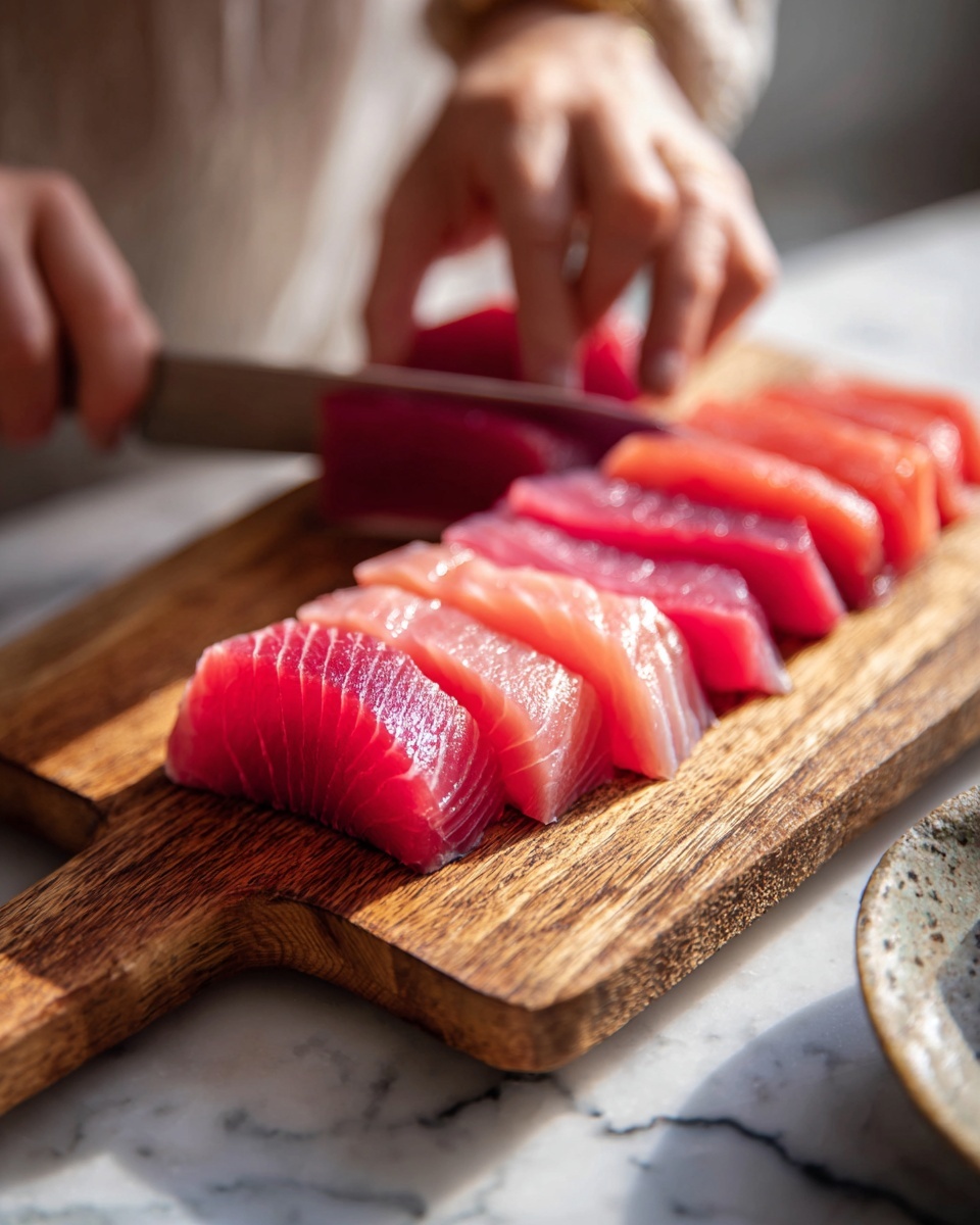A wooden cutting board with a handle holds several slices of raw fish, arranged in a neat row from pink to deep red in color. A woman's hand is holding a knife, slicing another piece of the fish thinly. Another woman's hand gently holds the fish steady on the board. The background is a white marbled texture, and the lighting is natural and soft, highlighting the fresh texture of the fish. photo taken with an iphone --ar 4:5 --v 7