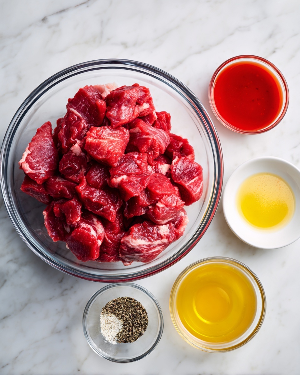 A large clear glass bowl sits on a white marbled surface, filled with thin slices of raw red meat piled in the center. To the right of the bowl, there are three small round containers in a vertical line: the top one holds bright red sauce, the middle one has a light yellow liquid, and the bottom one contains black and white pepper mix. photo taken with an iphone --ar 4:5 --v 7