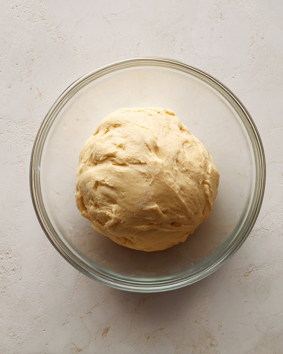 A smooth and slightly shiny light beige dough ball sits in the middle of a clear glass bowl. The dough looks soft with subtle folds and dimples on its surface. The bowl rests on a white marbled texture countertop, adding a clean and bright background. photo taken with an iphone --ar 4:5 --v 7
