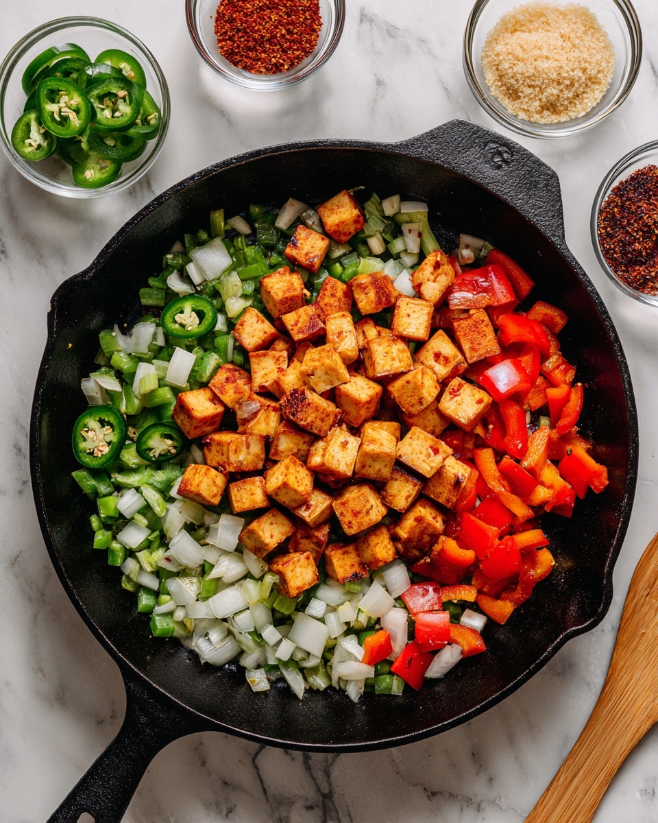 The image shows a black cast iron skillet filled with a colorful stir-fry. At the bottom layer, there is a mix of diced green and red bell peppers along with chopped white onions, all cooked and soft with a bit of shine. On top of this veggie mix, there are small, golden-brown cubes of fried tofu stacked in the center, creating a textured, slightly crispy layer. Around the skillet on a white marbled surface, there are small glass bowls with red and beige spices, as well as sliced green jalapeno peppers. A wooden spatula lies beside the skillet, completing the scene. Photo taken with an iphone --ar 4:5 --v 7