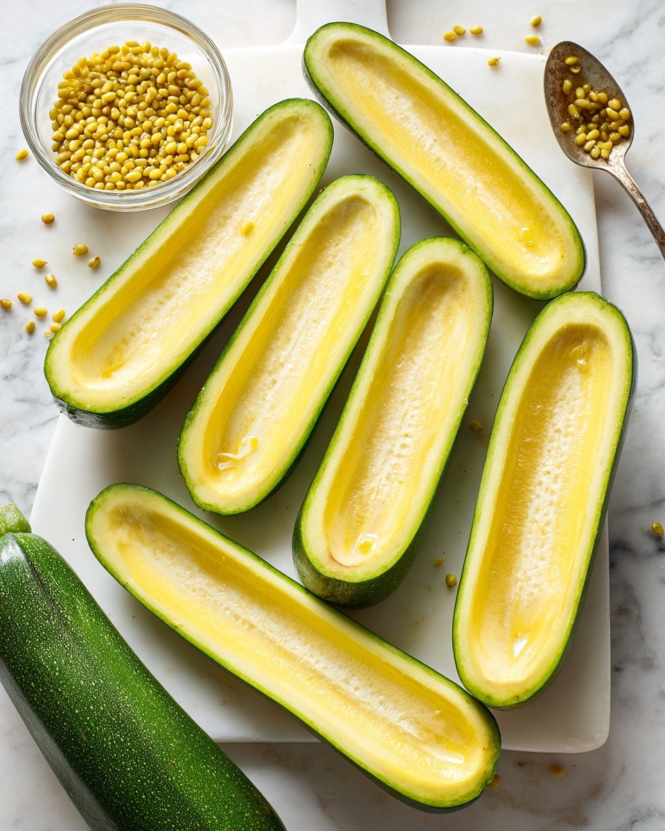 The image shows six zucchini halves arranged on a white cutting board placed on a white marbled surface. Five of the zucchini are hollowed out, showing smooth light greenish-yellow interiors with the seeds removed, while one zucchini remains whole with a shiny dark green skin. At the top left corner, there is a clear glass bowl filled with yellow zucchini seeds. A silver spoon, resting on the white marbled surface near the top right, has some seeds stuck to it. The light in the image is bright and natural, highlighting the fresh textures and colors of the zucchini and seeds. photo taken with an iphone --ar 4:5 --v 7