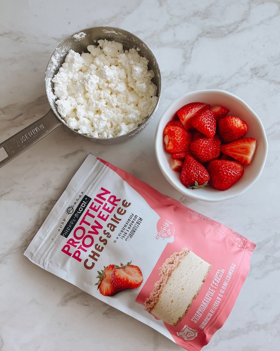 The image shows a close-up of three items on a white marbled surface: a metal measuring cup filled with white cottage cheese with a soft, bumpy texture at the top left, a white bowl to the right containing small, bright red strawberry pieces with smooth, shiny surfaces, and a pink and white package of protein powder labeled