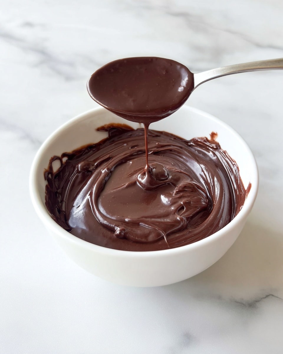 A white bowl filled with a thick, smooth layer of shiny dark chocolate spread evenly on top, showing soft swirls and edges sticking slightly to the bowl; a silver spoon held above the bowl, dripping a glossy, rich dark chocolate sauce back into the bowl; the bowl sits on a white marbled surface. photo taken with an iphone --ar 4:5 --v 7