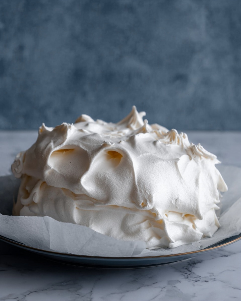 A pavlova dessert sits on a round wooden board with a light brown color and visible wood grain. The dessert has one main thick layer of fluffy white meringue with smooth and soft peaks forming a bowl shape. On top, there is a layer of white whipped cream spreading evenly but with some soft waves at the edges. The top is crowded with fresh red raspberries, red strawberries with green leafy tops, dark blue blueberries, and green mint leaves scattered around. A few blueberries finish the scene on the blue surface around the board. The background has a bright blue texture with some darker spots. photo taken with an iphone --ar 4:5 --v 7