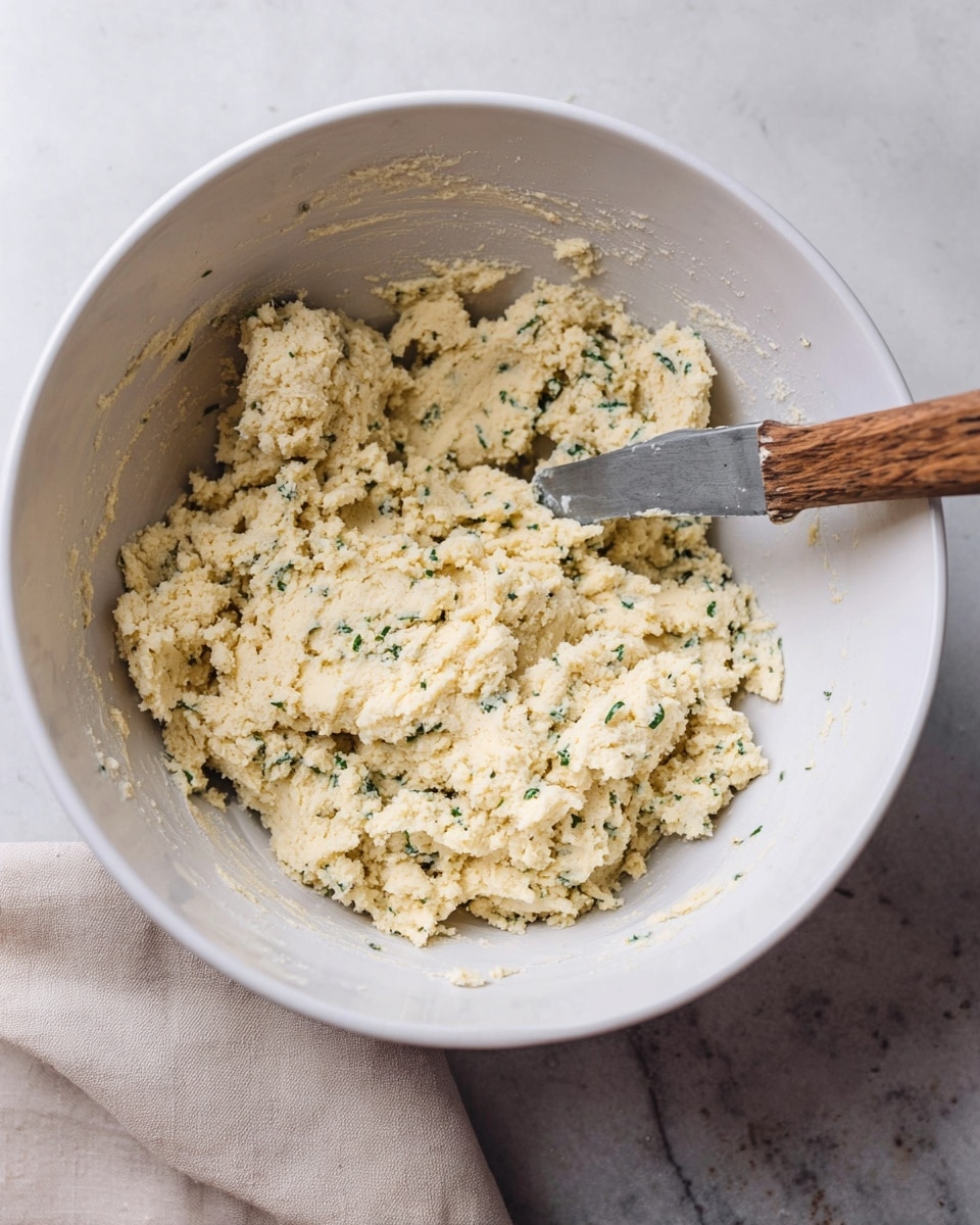 The image shows twelve round golden-brown baked biscuits with bits of green herbs mixed throughout. Each biscuit has a slightly rough texture with small browned spots on top, and they are placed closely together in a clear glass baking dish lined with white parchment paper. The biscuits are arranged in three rows, filling the dish evenly. The background is a white marbled texture. photo taken with an iphone --ar 4:5 --v 7