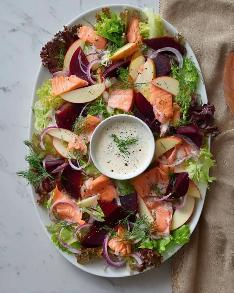Hot Smoked Salmon Salad with Fennel, Beetroot, and Horseradish Cream Recipe