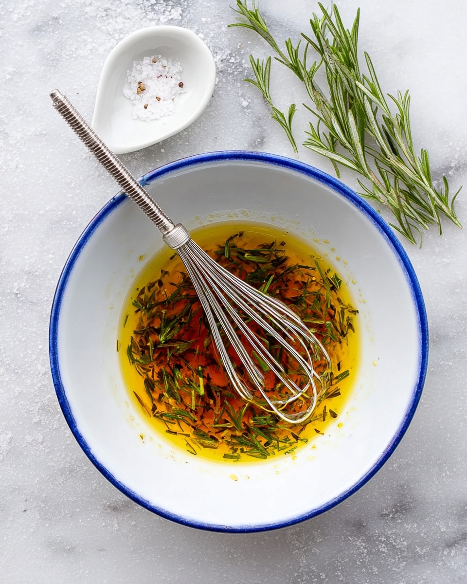 The image shows a white bowl with a thin blue rim placed on a white marbled surface. Inside the bowl, there is a mixture of golden olive oil and dark vinegar with small green rosemary leaves sprinkled on top. A shiny metal whisk is resting in the bowl, partially submerged in the liquid. Above the bowl, there is a small white ceramic spoon filled with coarse salt and a fresh rosemary sprig next to it. Photo taken with an iphone --ar 4:5 --v 7