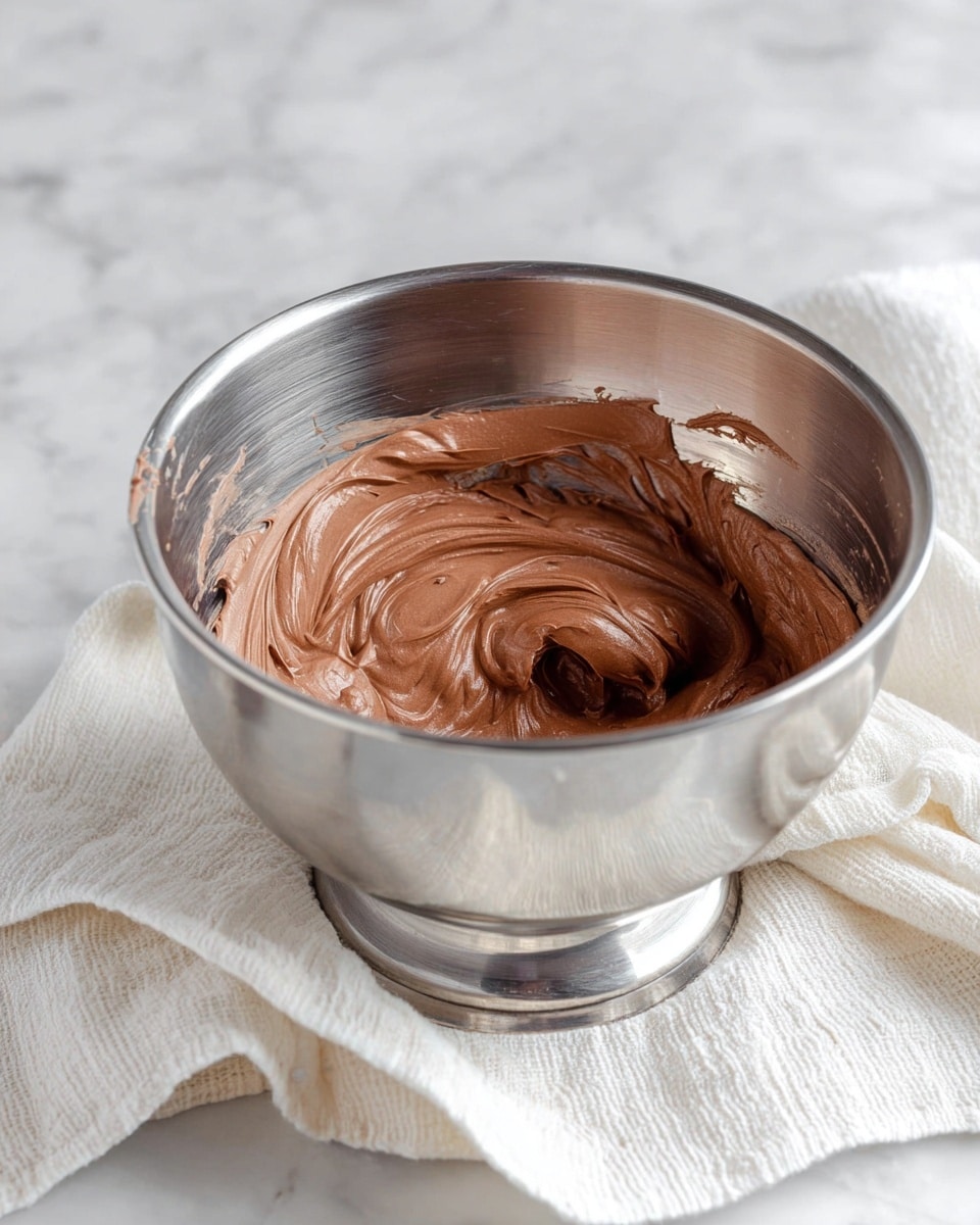 A shiny silver metal bowl holds a smooth, creamy chocolate mixture with thick, soft swirls inside, some mixture clinging to the sides and rim of the bowl. The bowl rests on a soft white cloth with a subtle texture, placed on a white marbled surface. photo taken with an iphone --ar 4:5 --v 7