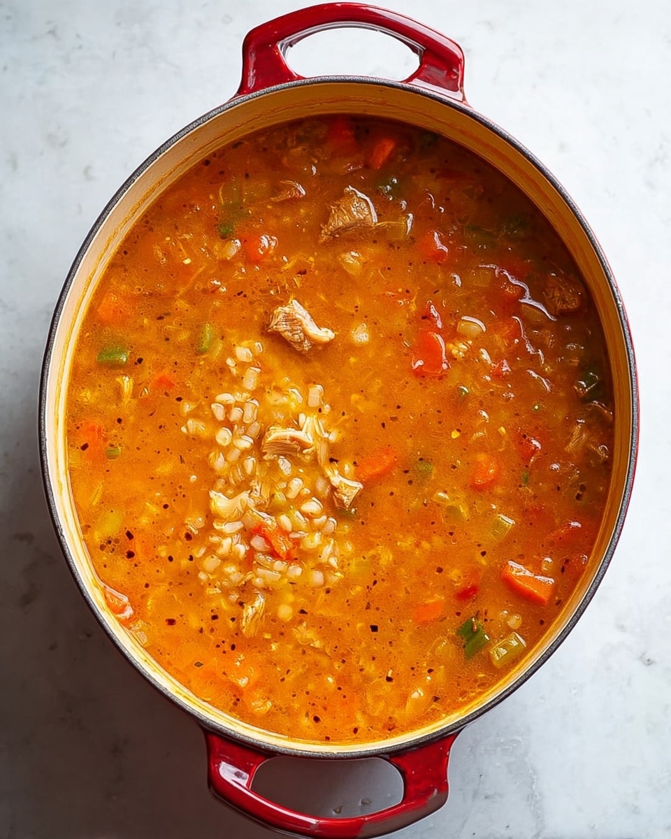 A close-up top view of a red oval pot filled with thick orange-red soup. The soup has visible chunks of light brown meat, small orange and green vegetable pieces, and grains resembling barley or rice. The surface shows a mix of smooth broth and textured ingredients with tiny bubbles and small black specks of seasoning. The pot is sitting on a white marbled textured surface with soft natural light highlighting the warm colors. Photo taken with an iphone --ar 4:5 --v 7