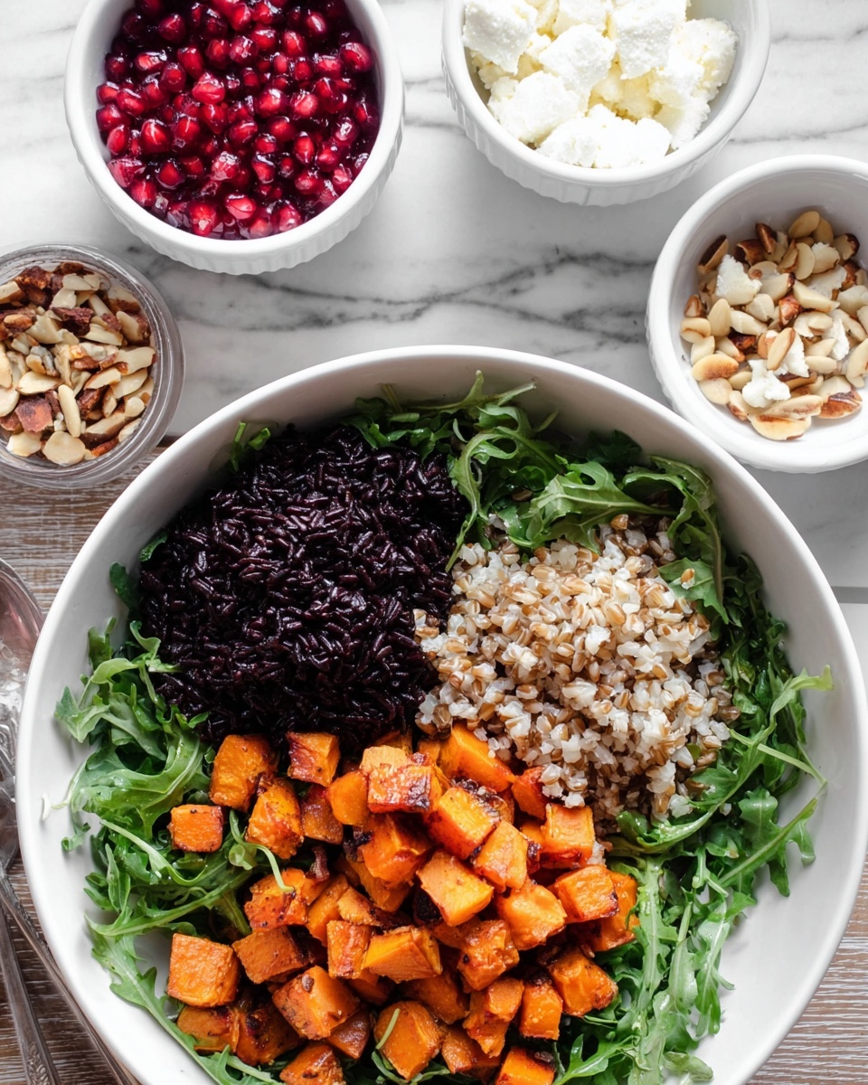 A white bowl holds a salad with three main layers: a bright green bed of fresh arugula leaves forms the base, topped with orange, roasted sweet potato cubes scattered evenly, and dark purple-black rice covering about a third of the top, next to a portion of light brown cooked farro grains. Surrounding the bowl on a white marbled surface are four small white bowls: one filled with shiny deep red pomegranate seeds, another with fluffy white quinoa, a third holding soft white cheese, and the last containing pale pine nuts. The setting is bright and natural, arranged for a clean and healthy look. Photo taken with an iphone --ar 4:5 --v 7