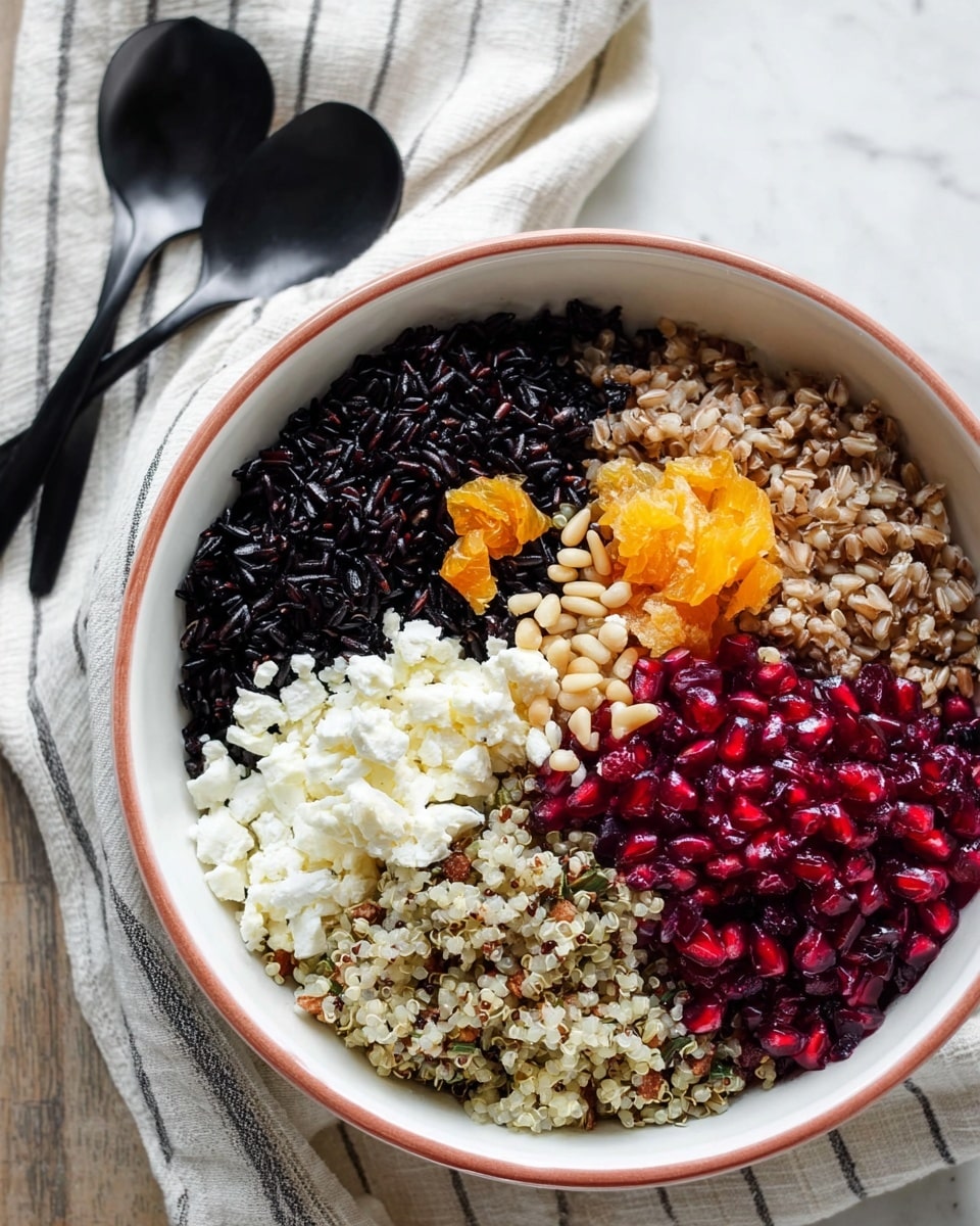 A white bowl with a thin red edge holds a colorful layered salad, placed on a white marbled surface. Starting from the top left, there is a layer of dark black rice with a small piece of orange in it, moving clockwise to a medium brown layer of farro grains, then a creamy white layer of crumbled cheese. Below the cheese is a light tan layer of pine nuts, followed by a light beige layer of quinoa mixed with small orange pieces, and a deep red layer of shiny pomegranate seeds on the left side. The layers form neat sections, and the colors contrast strongly. In the top left background, two black spoons rest on a cream cloth with gray stripes. Photo taken with an iphone --ar 4:5 --v 7