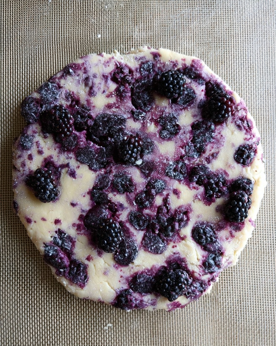 A round dough disk with uneven edges lies flat on a beige mesh surface, filled with scattered blackberries throughout. The dough is pale cream colored with purple stains from the blackberries, creating a marbled effect. The blackberries are whole and in cluster groups, visible on the top and embedded inside. The dough texture looks soft and slightly rough. photo taken with an iphone --ar 4:5 --v 7