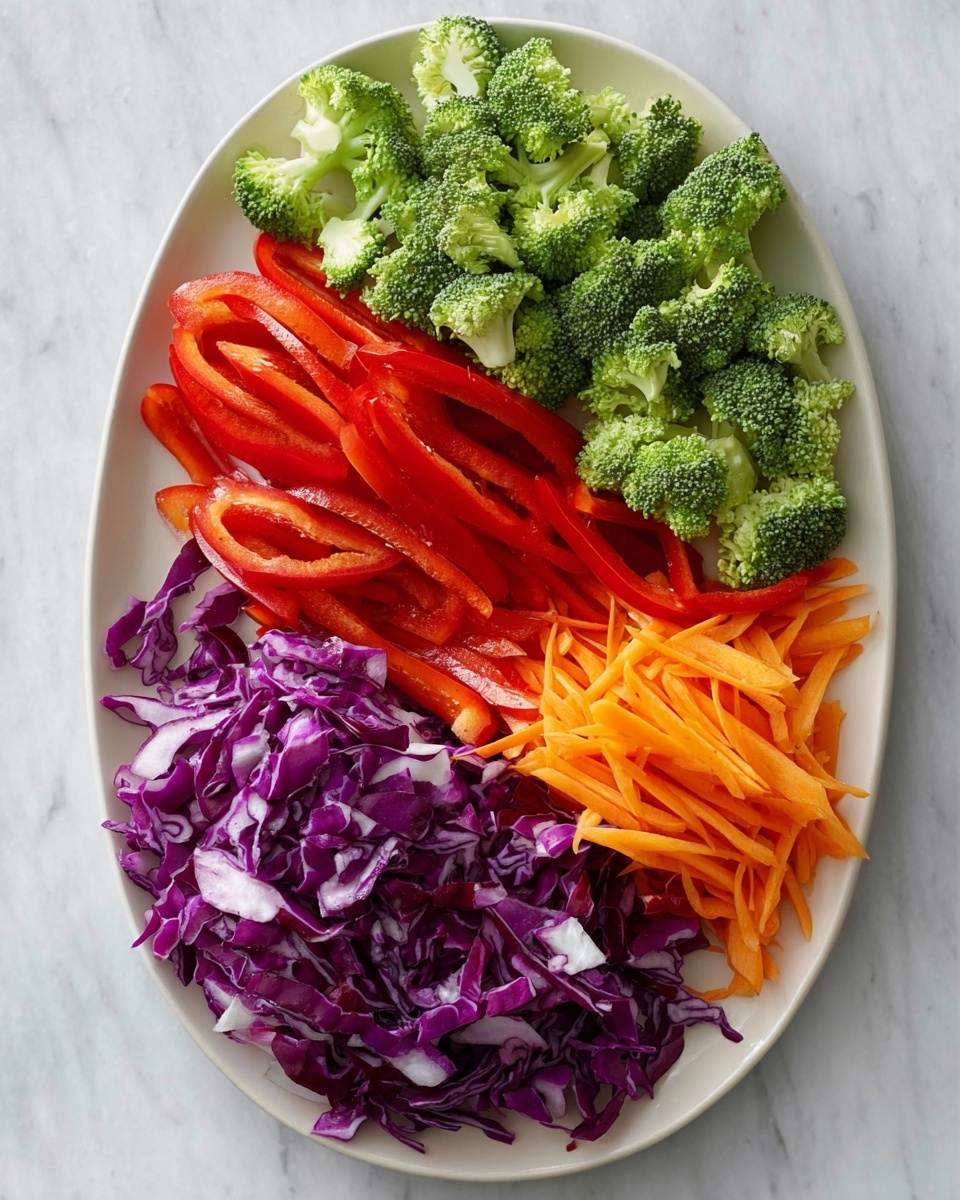 The image shows a white bowl filled with a colorful healthy dish arranged in layers. The bottom layer has chopped green leafy vegetables, mostly hidden but visible around the edges. On top of that are bright purple cabbage pieces, and bright red thin sliced bell peppers are placed on one side. The main middle layer is a large pile of light brown noodles, topped with small bright green broccoli florets, also scattered around different parts of the bowl. The bowl sits on a white marbled surface. Photo taken with an iphone --ar 4:5 --v 7