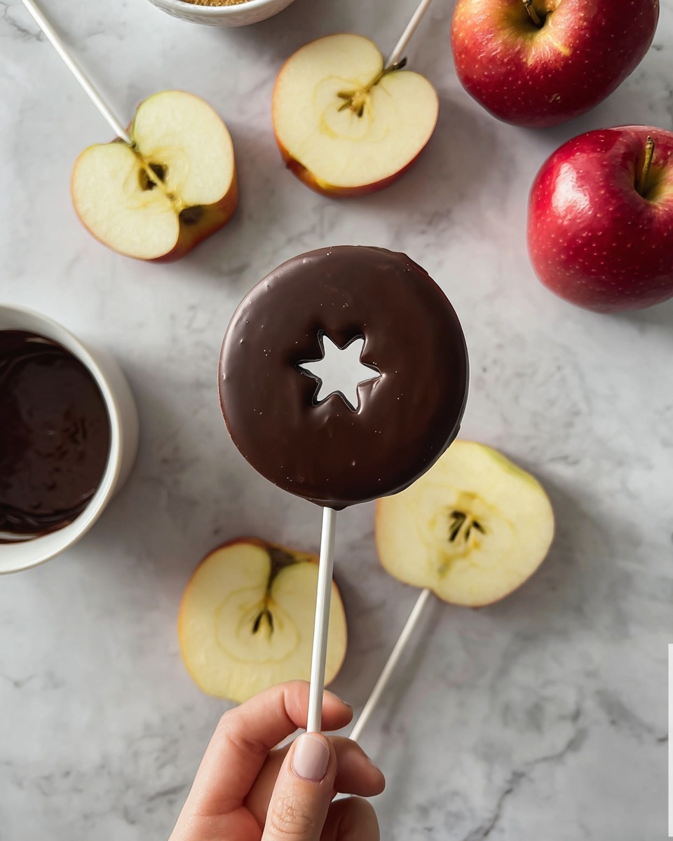 The image shows six round chocolate-covered cookie pops, each with a star-shaped hole in the center. The cookies are dark brown with light golden drizzle lines across the surface and are decorated with small, light orange star-shaped sprinkles scattered on top. Each cookie is on a white stick, placed on a white marbled surface. Small star sprinkles are spread around the cookies on the surface. The arrangement feels neat and visually pleasing with a festive look. photo taken with an iphone --ar 4:5 --v 7