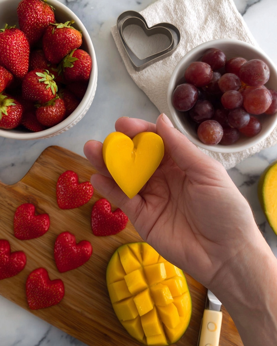 A woman's hand holds a yellow slice of heart-shaped mango in the center of the image, showing smooth texture and bright color. Below the hand, a wooden board holds a half mango with green and yellow skin, and several heart-shaped pieces of red strawberries lined up in rows on the left side. Above the board, two white bowls sit on a white marbled surface: one filled with whole red strawberries and the other with red grapes. A heart-shaped metal cookie cutter rests on a white cloth between the bowls. A knife with a beige handle is placed on the right side of the wooden board. Photo taken with an iphone --ar 4:5 --v 7