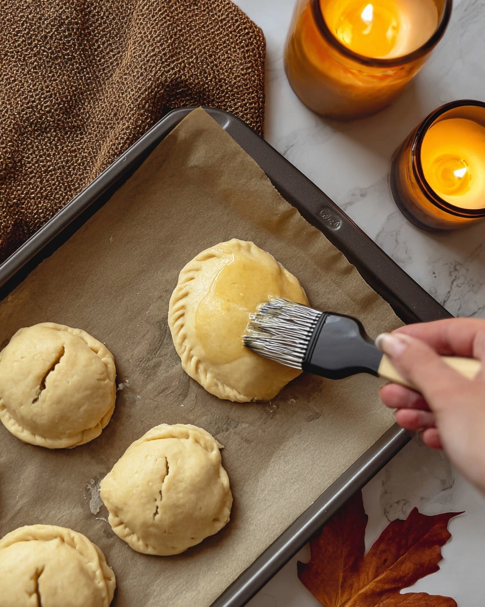 The image shows a baking tray lined with brown parchment paper, holding four round dough pieces. One piece is shaped with a small curved tail on top and edges sealed with fork marks, being brushed with a shiny egg wash by a woman's hand holding a black brush. The other dough rounds are plain and smooth, slightly cracked on the surface. The tray is on a white marbled surface, near a brown textured cloth and an amber glass candle with a lit wick, next to a brown autumn leaf. The scene has a warm, cozy feel. photo taken with an iphone --ar 4:5 --v 7