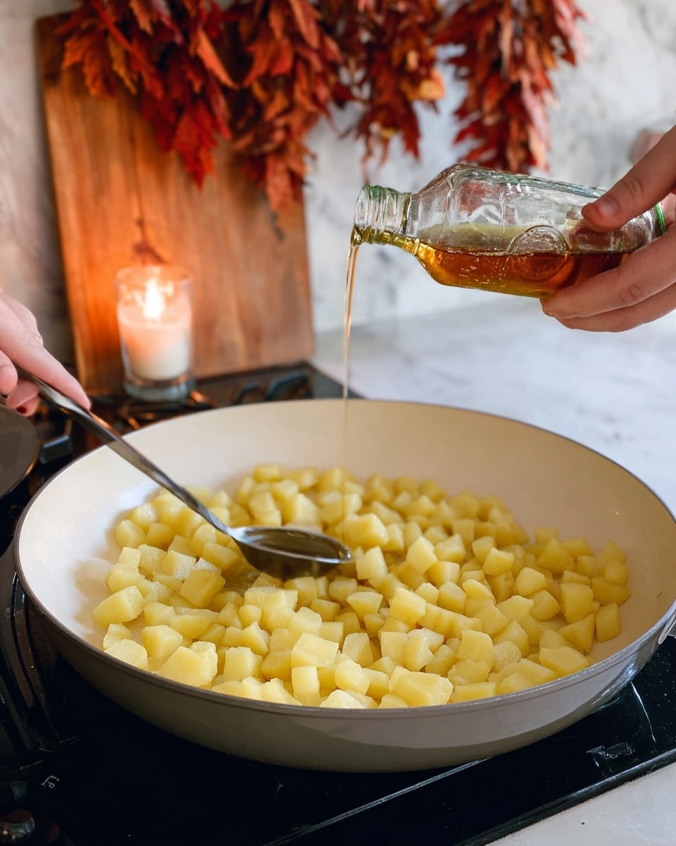 A white frying pan filled with small yellow potato cubes spread evenly inside, sitting on a stove with a black surface. Above the pan, a woman's hand is pouring a golden-brown liquid from a clear glass bottle into a metal teaspoon held by another woman's hand over the pan. In the background, there is a wooden cutting board with red-brown dried leaves hanging above it and a lit candle on the left, all set against a white marbled surface. photo taken with an iphone --ar 4:5 --v 7