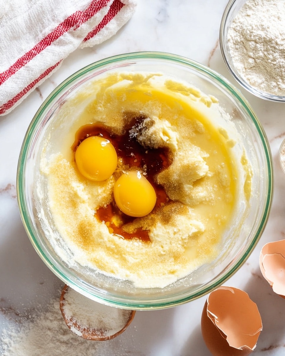 A clear glass bowl with light yellow butter and sugar mixed at the bottom layer, topped by two bright yellow raw eggs and a small pool of dark brown vanilla extract at the center. The bowl sits on a white marbled surface with two cracked brown eggshells to the right and a small glass bowl with flour on the left edge. A white towel with red stripes is partially visible in the top left corner. photo taken with an iphone --ar 4:5 --v 7