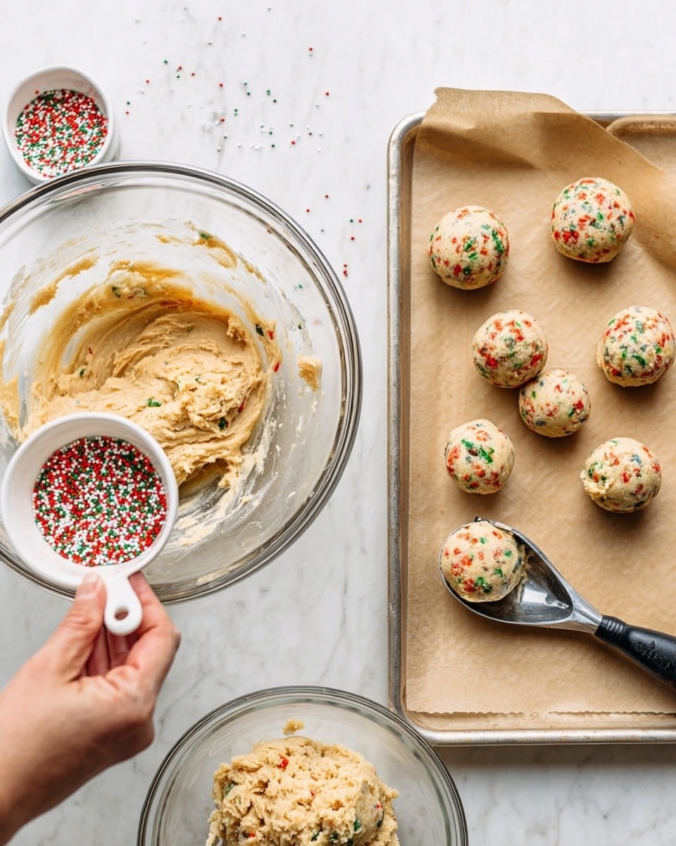 A close-up top view of a pile of round sugar cookies with red and green sprinkles spread all over the cookies, creating small colorful spots on the light golden cookie surface. The cookies have slightly cracked, soft texture and gently raised edges. They are placed on a white marbled texture with a red and white striped cloth partially visible in the corner. The cookies look soft and thick, stacked loosely in no special order. Photo taken with an iphone --ar 4:5 --v 7
