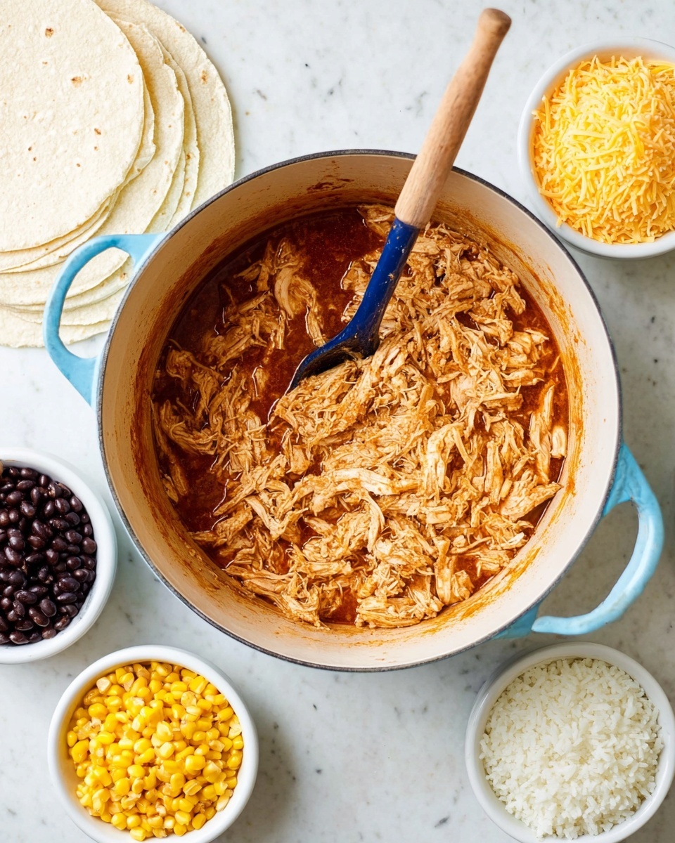 A large folded quesadilla with a golden brown crispy outer layer sits centered on a round dark gray plate. Inside, visible at the edges, are layers of white rice, yellow corn, black beans, and shredded light brown meat. On top of the quesadilla, there are two dollops: one creamy white sour cream and the other bright green guacamole. Next to the quesadilla, a small bunch of fresh green cilantro leaves adds color. Surrounding the plate, there are tortilla chips in a small white bowl with a reddish-brown interior, a gray bowl with red salsa, and another small white bowl holding bright green guacamole with a tortilla chip dipped in it. All items are on a white marbled surface with a folded beige and blue striped cloth nearby. Photo taken with an iphone --ar 4:5 --v 7