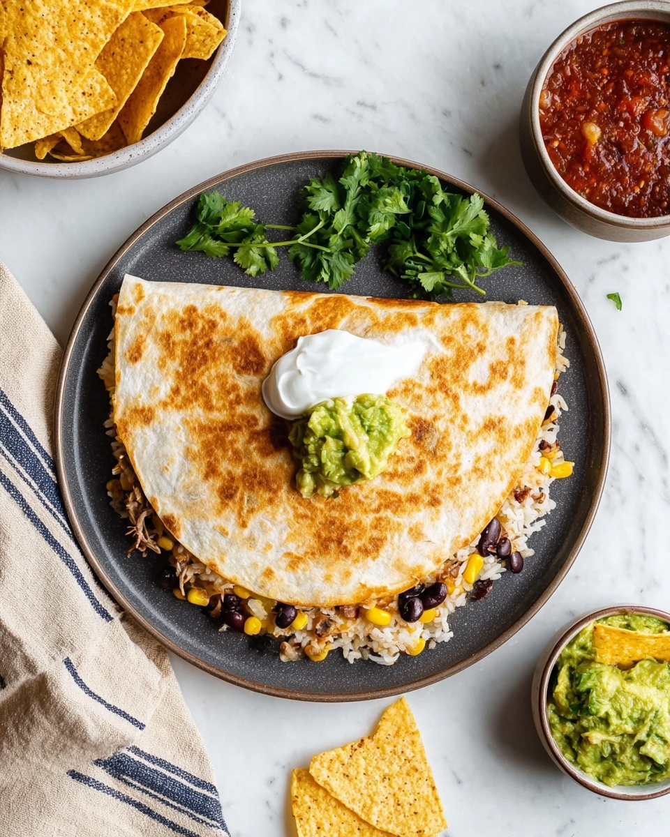 A large round white pot with light blue handles holds shredded chicken cooked in a reddish sauce, with the chicken filling most of the pot and a blue spoon with a wooden handle resting inside, partially submerged. Surrounding the pot on a white marbled surface are four small white bowls, each containing a different ingredient: shredded yellow cheese at the top right, black beans at the bottom left, yellow corn at the bottom center, and fluffy white rice at the bottom right. To the left of the pot is a stack of light beige tortillas. Photo taken with an iphone --ar 4:5 --v 7