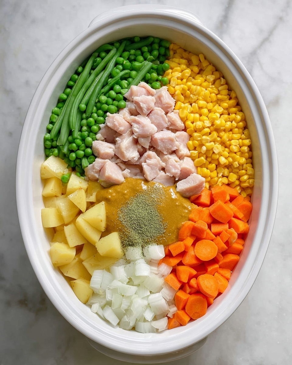 In a white oval dish, several colorful layers of food are neatly arranged in sections. Starting from the top left, there are small bright green peas, next to medium green beans laid out in long pieces along the left side. Below the peas is a section of cubed light pink raw chicken in liquid. To the right of the chicken is a pile of bright yellow corn kernels and minced garlic sitting on top. Below the corn are small yellow cubes resembling potatoes with a light brown spice on top. At the bottom right, there are small orange carrot cubes beside chopped white onions. Between the green beans and onions is a dollop of smooth mustard, and there is a sprinkle of greenish ground spices in the center over the carrots. All of this is on a white marbled surface photo taken with an iphone --ar 4:5 --v 7