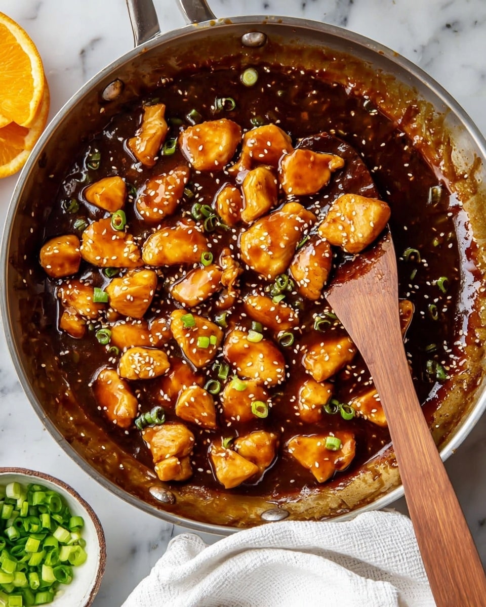 A top view of several small clear glass bowls and one white bowl, arranged on a white marbled surface. The largest clear bowl at the top right holds many pieces of raw light pink chicken chunks. Next to it, smaller clear bowls contain dark brown soy sauce, golden olive oil, and light amber honey. A small clear bowl holds red chili flakes and light beige pepper, while another has finely chopped fresh garlic and orange ginger paste. A white bowl contains white powder, likely cornstarch, and another holds a creamy light beige sauce. In the bottom left, a clear glass juice squeezer contains freshly squeezed bright orange juice, with two orange halves placed beside it. Photo taken with an iphone --ar 4:5 --v 7