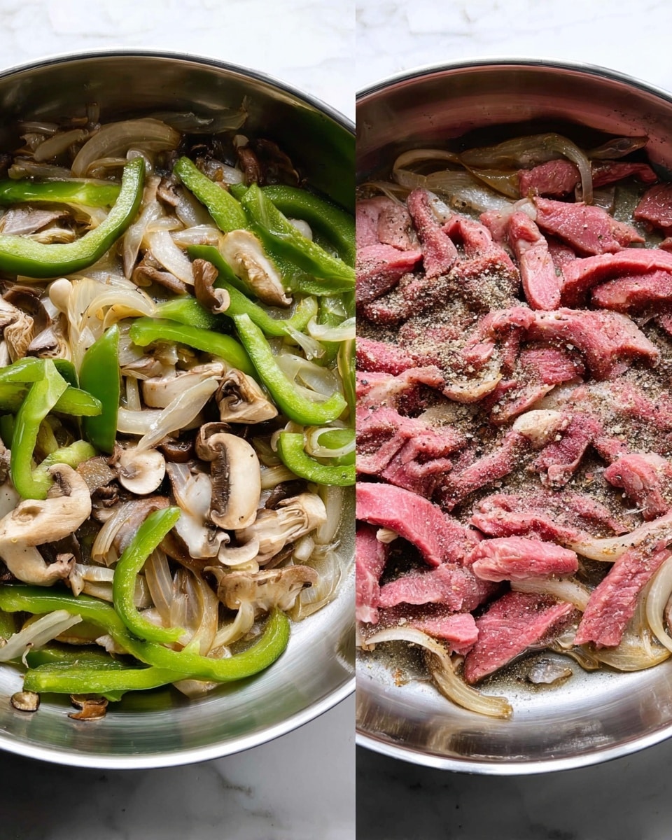 The image shows a metal pan on a white marbled surface with cooked strips of brown meat mixed with light brown sliced mushrooms and green bell pepper slices scattered evenly around the pan. In the second part of the image, there are two groups of the cooked meat, mushrooms, and green peppers covered with a thick layer of melted white cheese on top. The pan’s interior has brown cooked marks, and the dish looks hot and freshly prepared photo taken with an iphone --ar 4:5 --v 7
