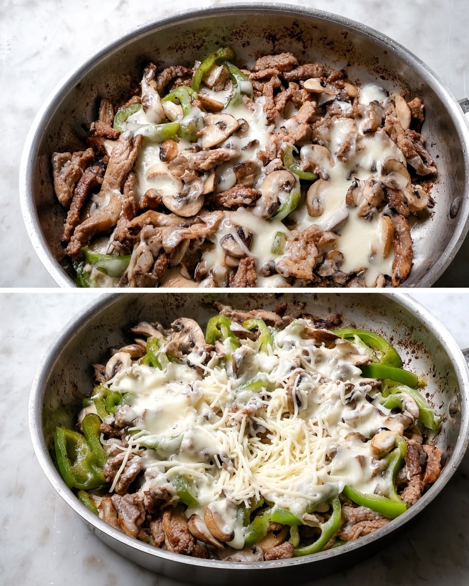 Two sandwiches sit on a white plate placed on a white marbled surface. Each sandwich has a toasted light brown hoagie roll with visible grill marks. The bottom layer inside the sandwich is filled with thin slices of cooked beef, dark brown in color, mixed with light green bell peppers and pale golden onions. On top of this, there are light brown cooked mushrooms and a generous drizzle of melted white cheese spread over all the ingredients. In the background on the right side, there is a wooden board holding two plain hoagie rolls, and on the left side, there is a whole green bell pepper and a folded white cloth napkin. A knife with some cheese on the blade lies on the surface near the plate. photo taken with an iphone --ar 4:5 --v 7
